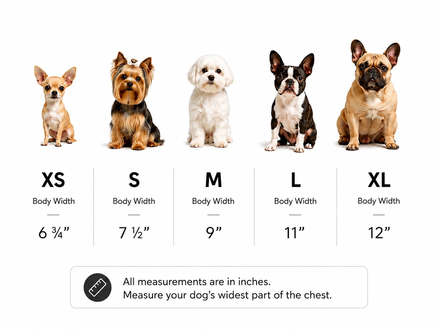 POOCHUé dog tee size guide XS through XL